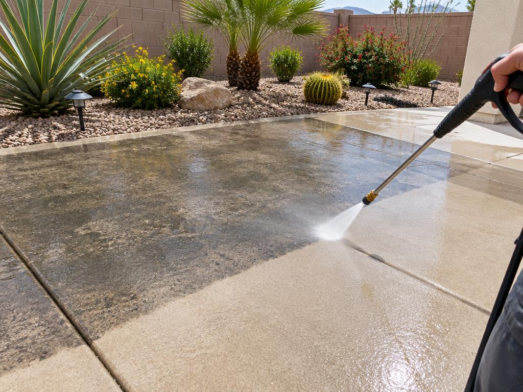 Concrete patio being pressure washed beside desert landscaping